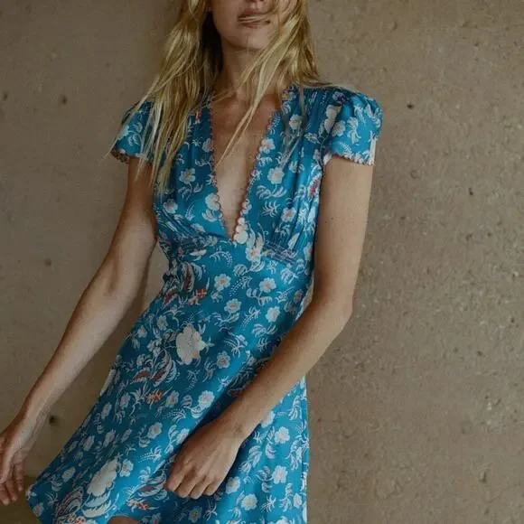 Doen Dianne Silk V Neck Puff Short Sleeve Mini Dress Blue Azure Hollyhock Hills - Picture 3 of 16